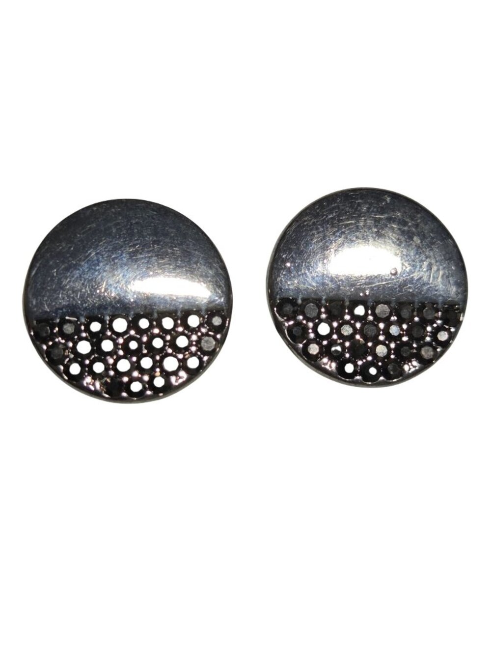 Gunmetal Black Stud Earrings Rhinestone Round Geometric Modernist Edgy Jewelry
